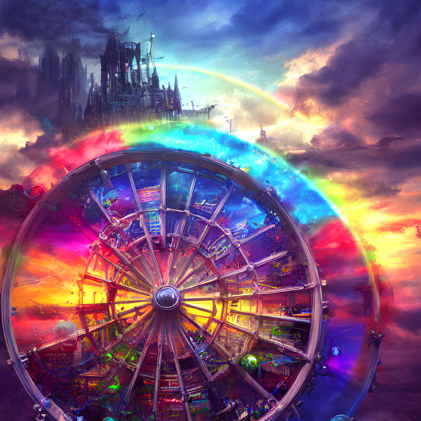 Colorful fantasy cityscape with ferris wheel and rainbow under dramatic sky