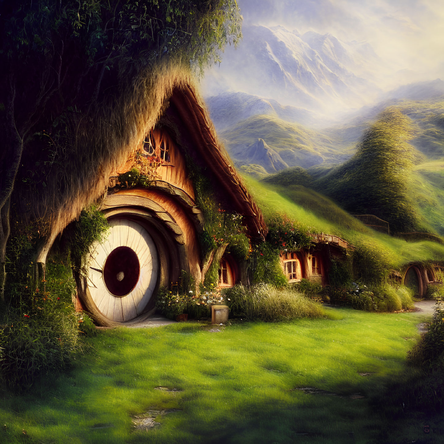 Cozy hobbit-like house in lush green landscape