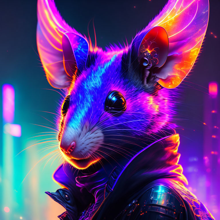 Colorful futuristic anthropomorphic mouse illustration with glowing pink features in neon cityscape.