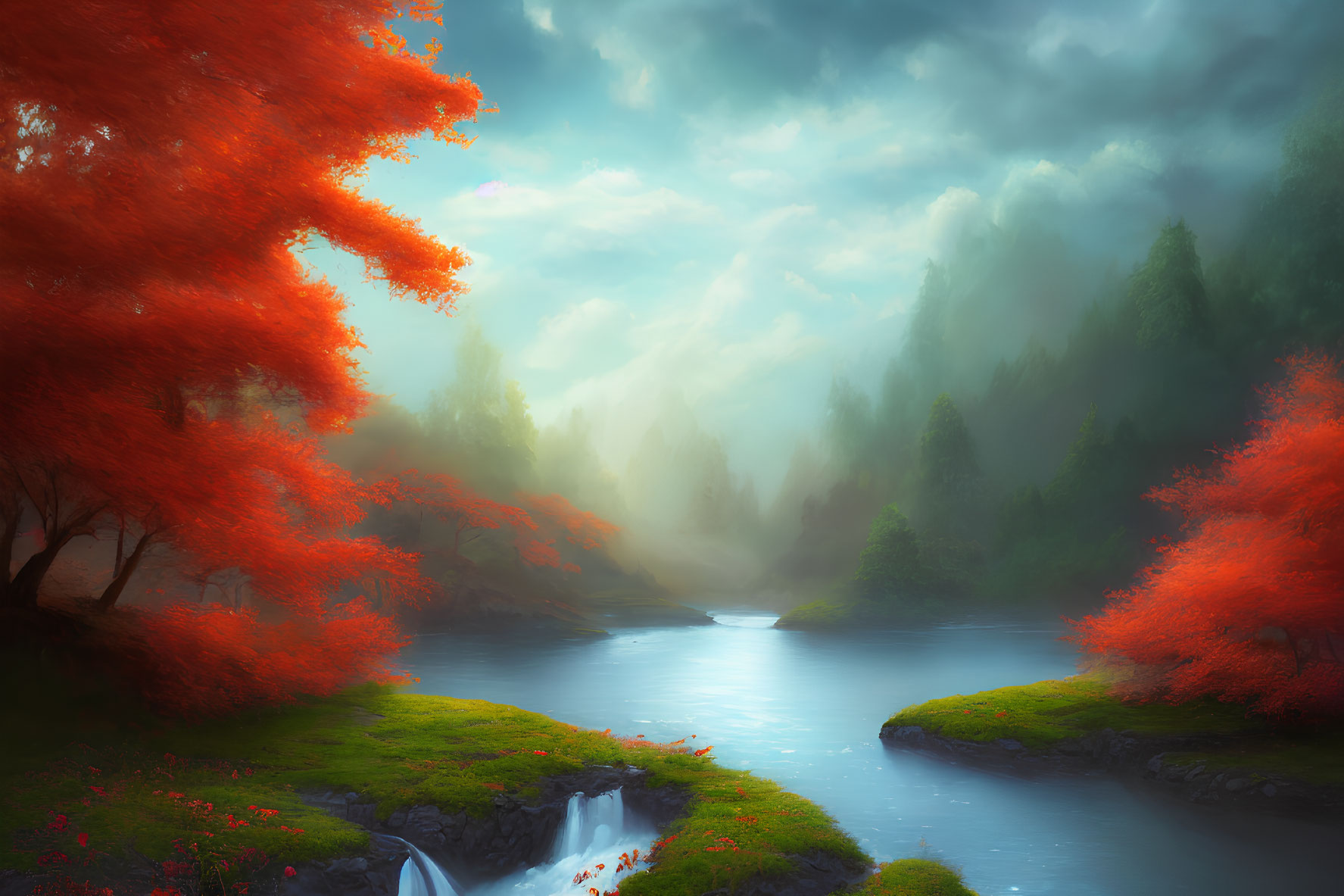 Tranquil autumn river scene with red trees and misty hills