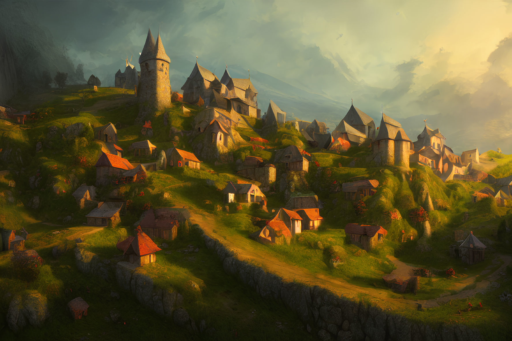 Fantasy village with rustic houses and stone tower in golden sunlight