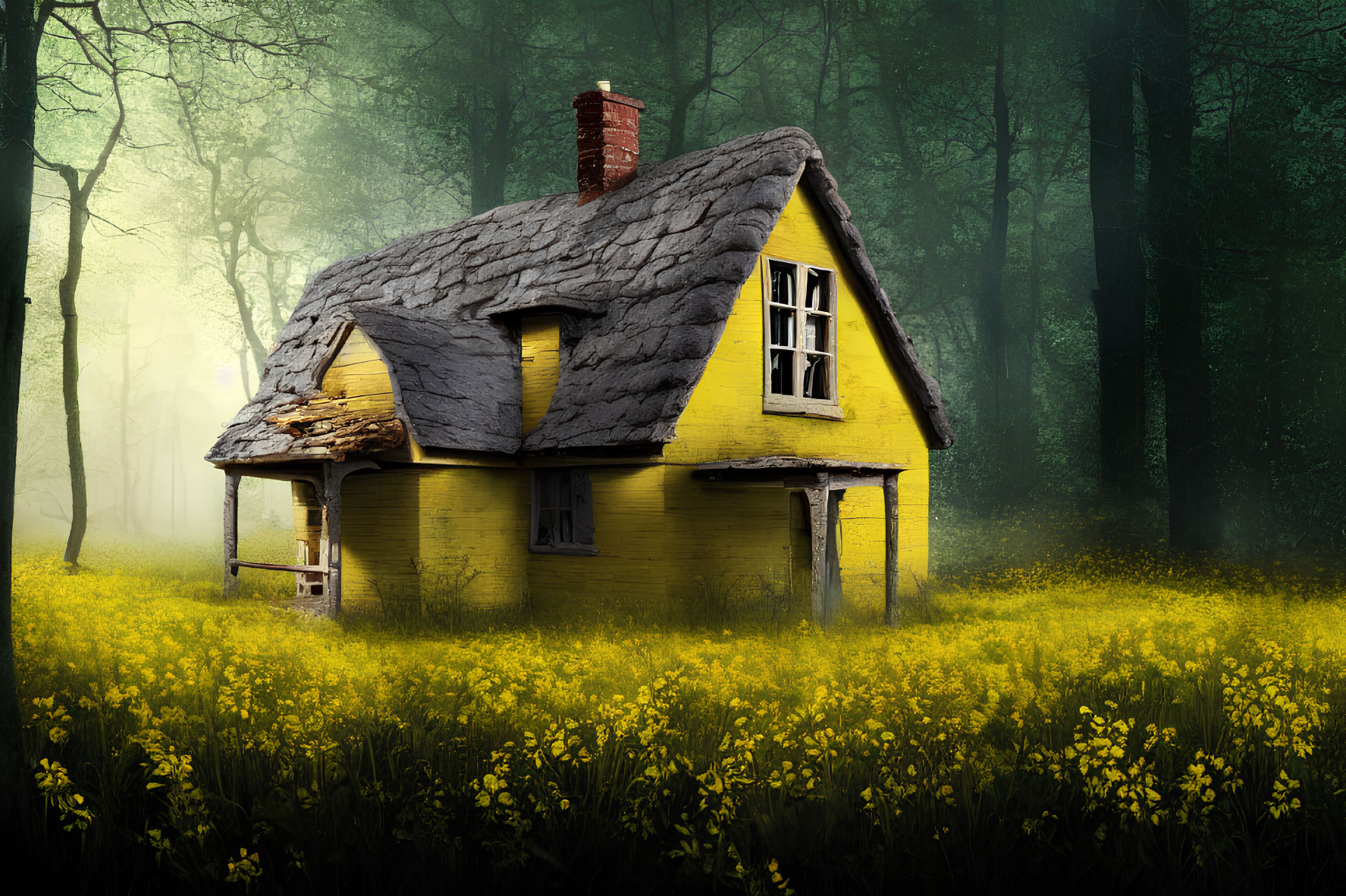 Yellow Thatched Roof House Surrounded by Trees and Flowers