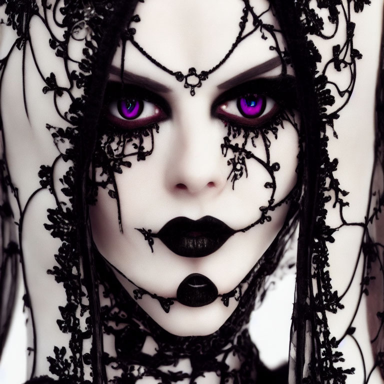 Portrait of a person with purple eyes, black lipstick, and intricate lace details