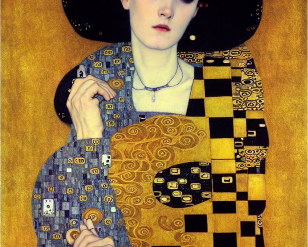 Art Nouveau style portrait of a pale woman in patterned dress and hat