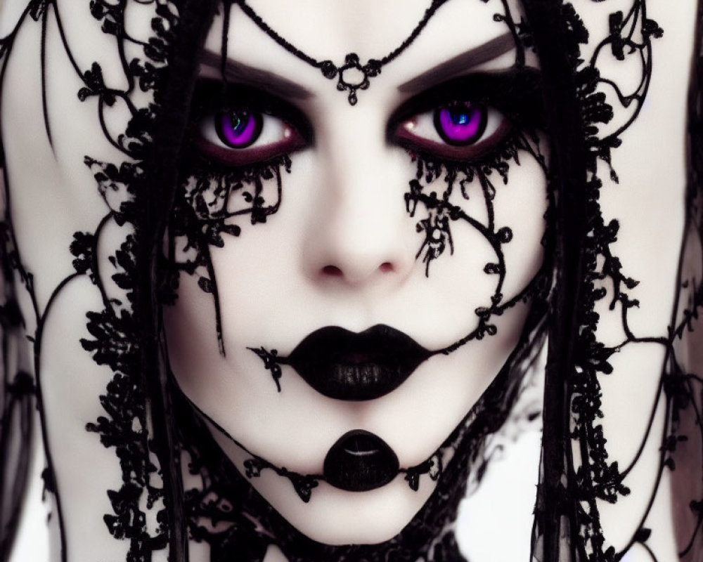 Portrait of a person with purple eyes, black lipstick, and intricate lace details