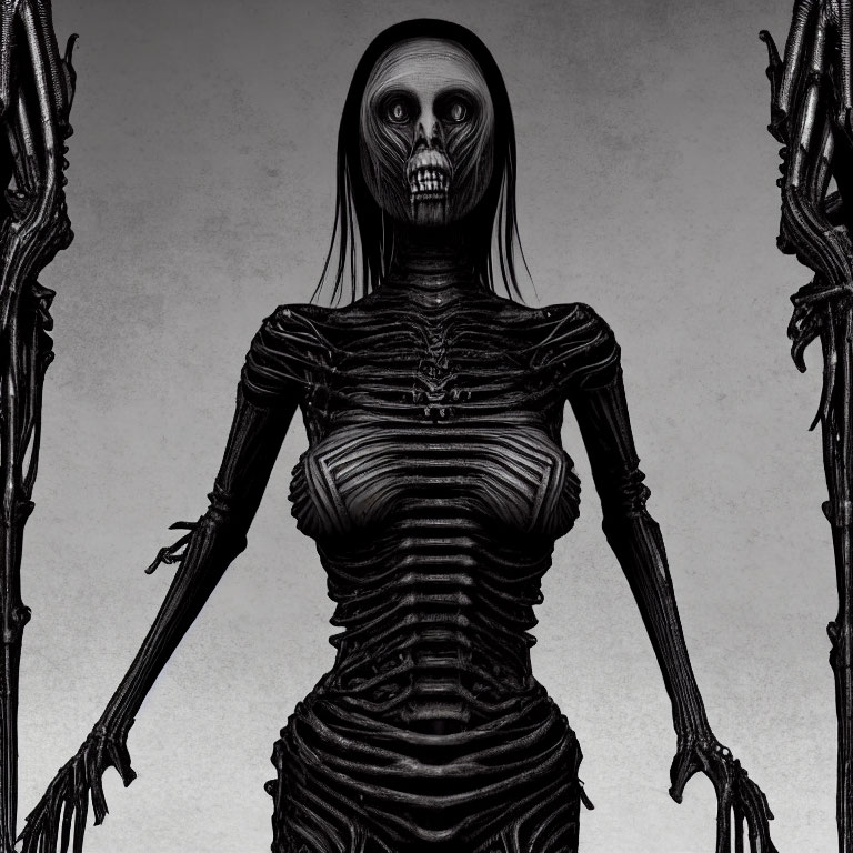 Skeletal humanoid figure with dark shading on monochromatic background