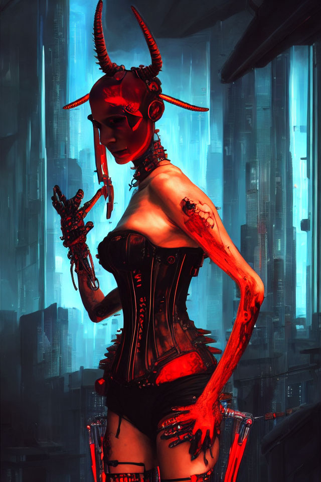 Red-skinned female figure with horns and cybernetic enhancements in futuristic corset on neon blue backdrop