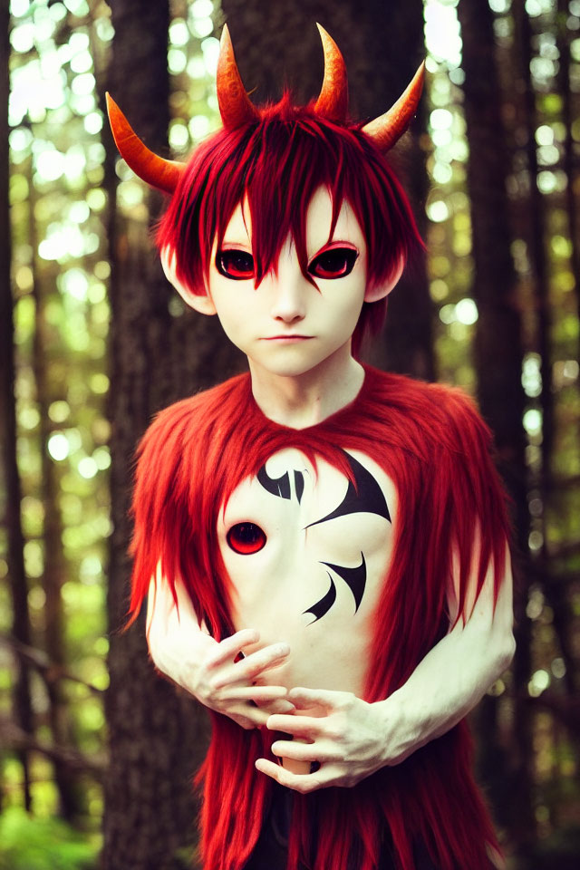 Cosplayer with red horns, eyes, and hair in forest setting