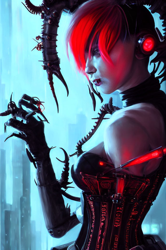 Red-haired woman with cybernetic enhancements in futuristic cityscape