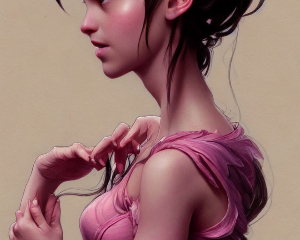 Young woman in pink dress with ponytail gazing left