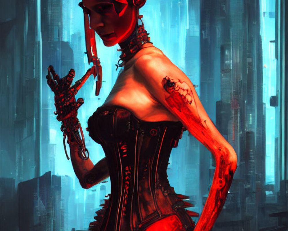 Red-skinned female figure with horns and cybernetic enhancements in futuristic corset on neon blue backdrop