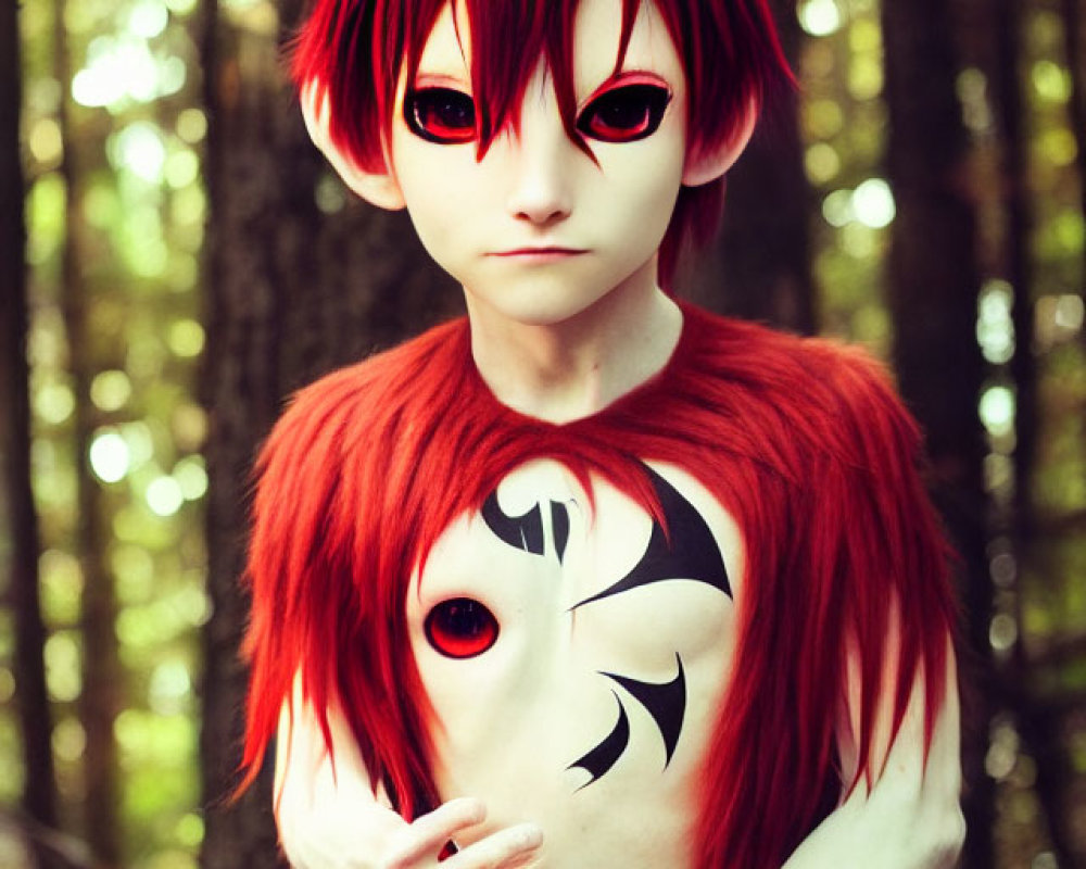 Cosplayer with red horns, eyes, and hair in forest setting