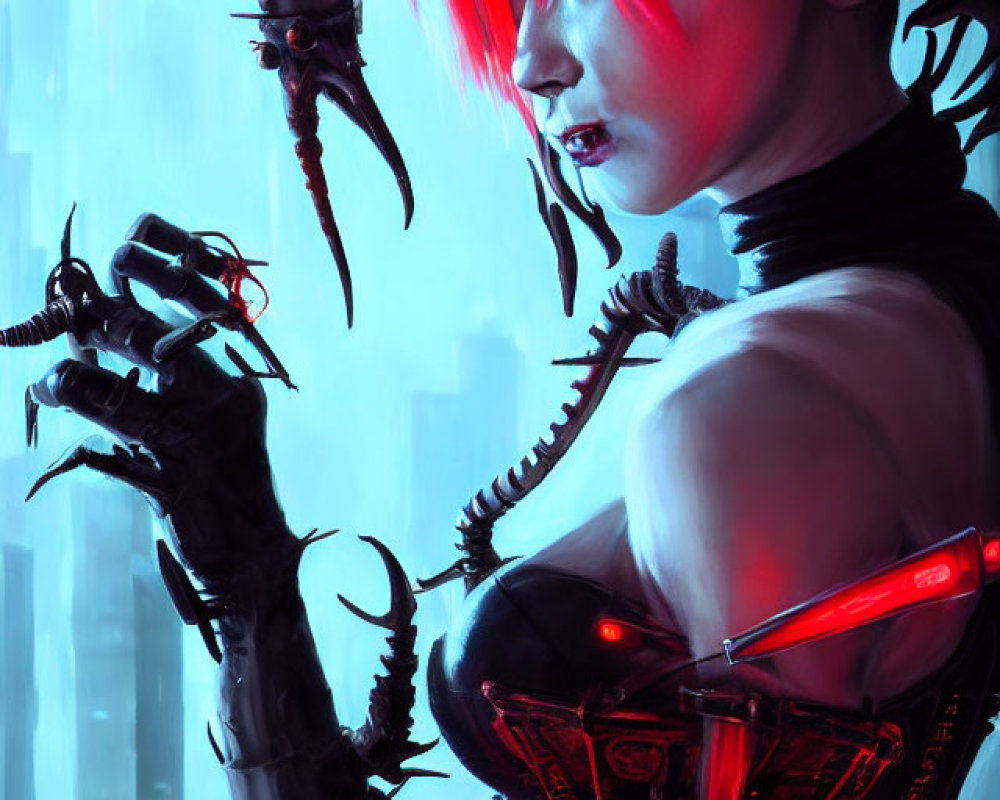 Red-haired woman with cybernetic enhancements in futuristic cityscape