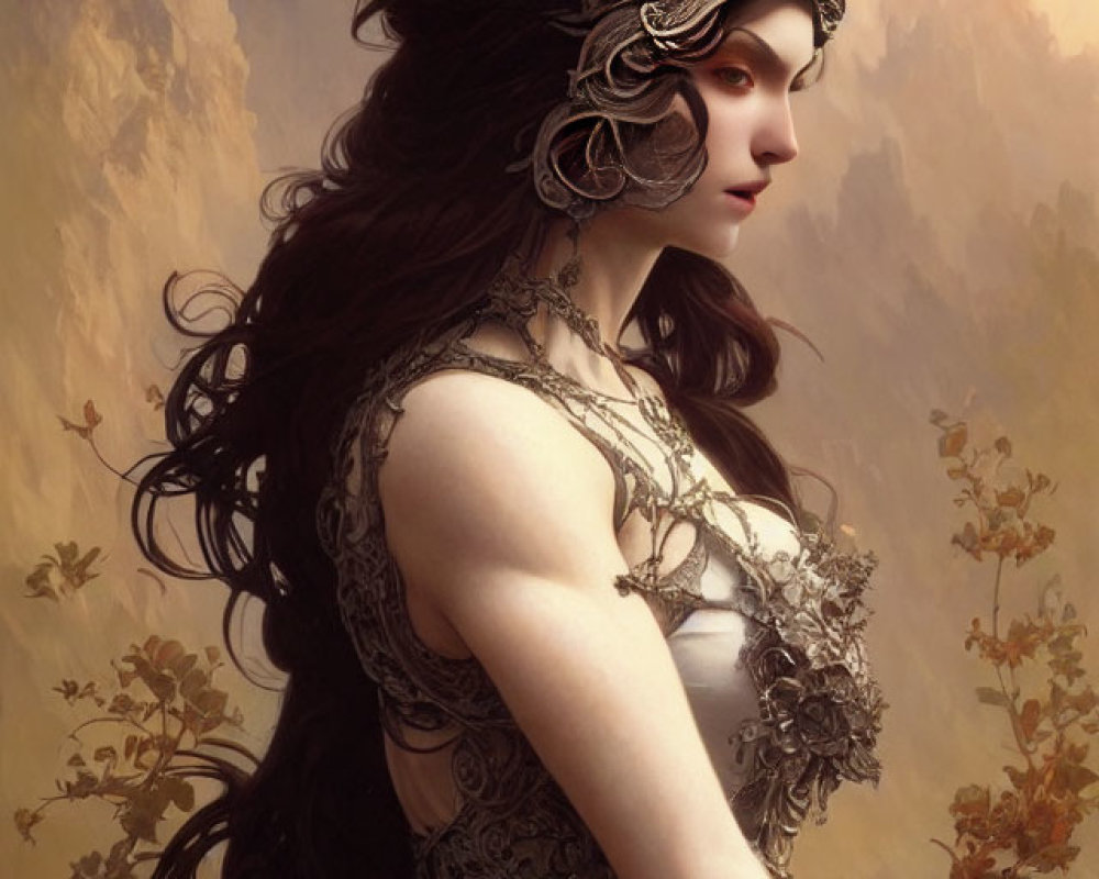 Ethereal woman with long brown hair and silver crown on warm background