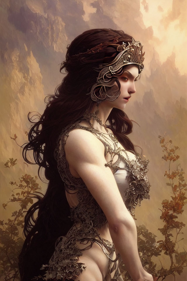 Ethereal woman with long brown hair and silver crown on warm background