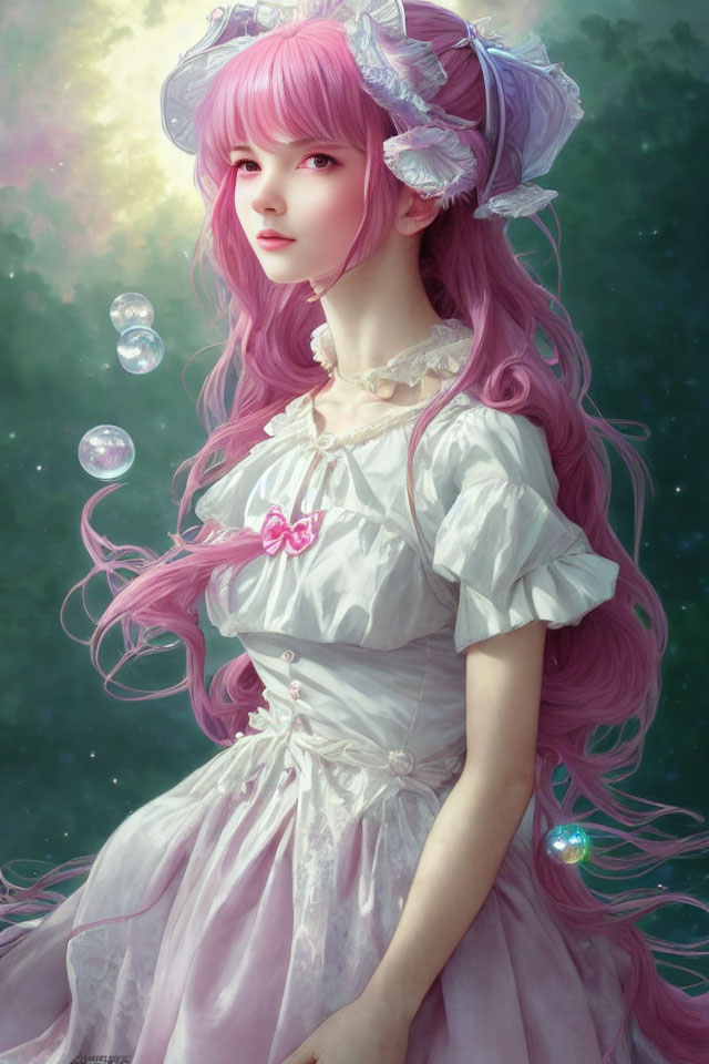 Pink-haired woman in Victorian dress surrounded by bubbles and ethereal backdrop