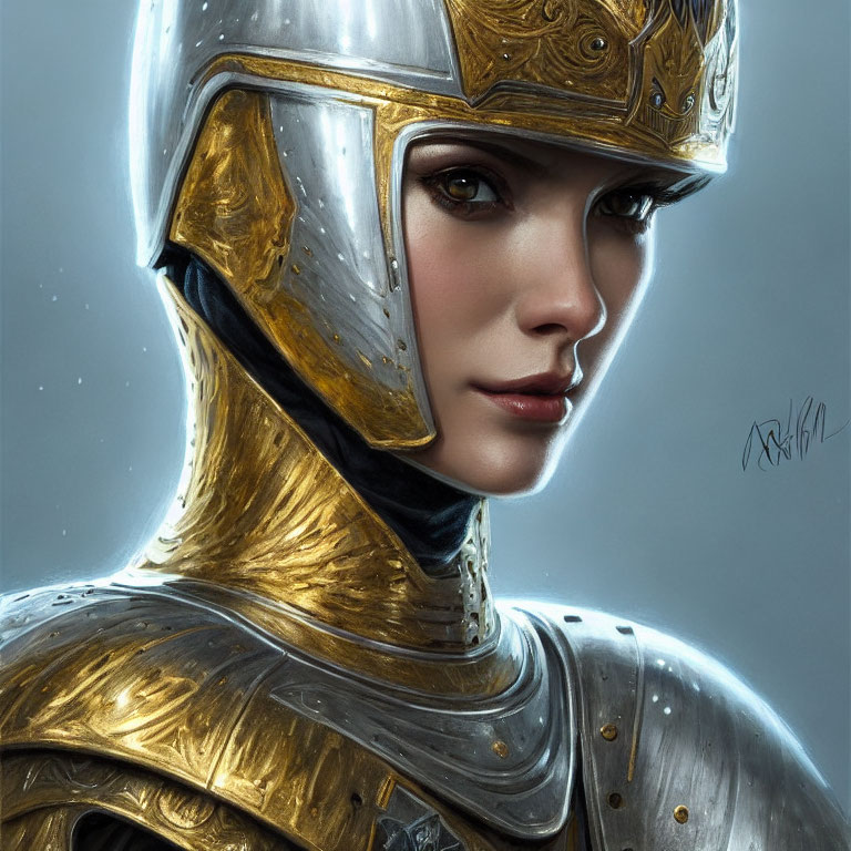 Detailed Close-Up Portrait of Woman in Medieval-Inspired Helmet