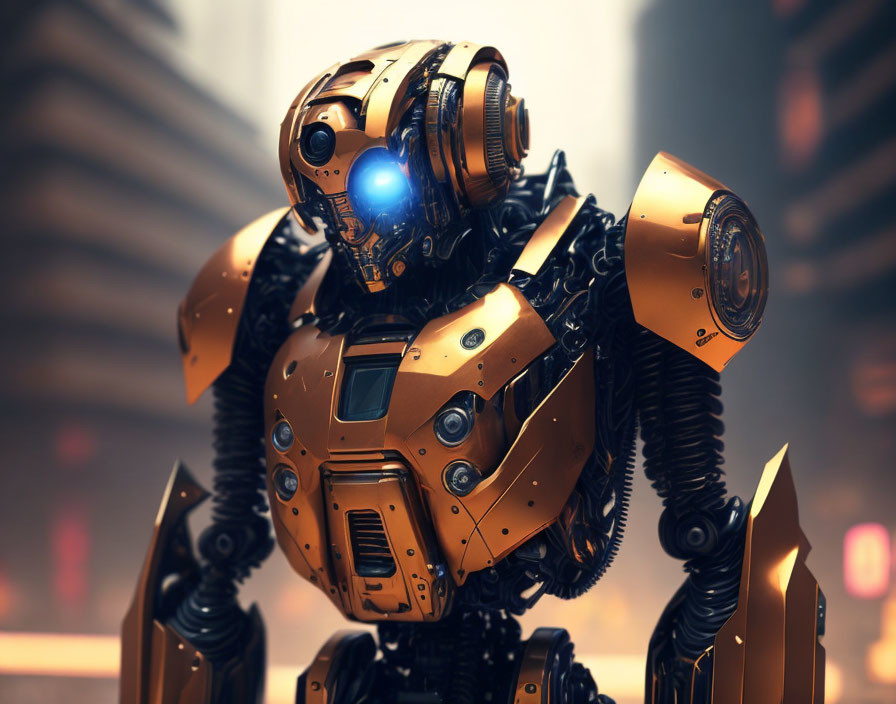 Detailed robotic figure with gold and black armor and glowing blue eye on futuristic backdrop