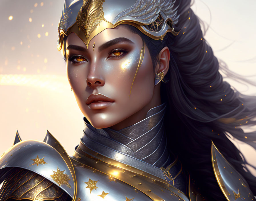 Woman in Golden Armor with Helmet and Dark Hair on Soft-lit Background