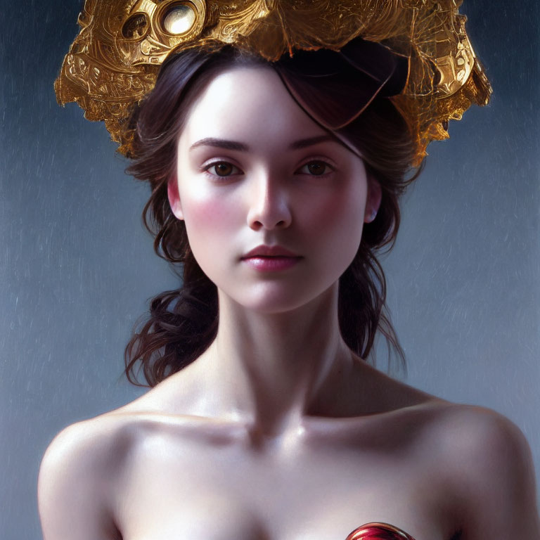 Digital portrait of woman with dark hair and golden headdress