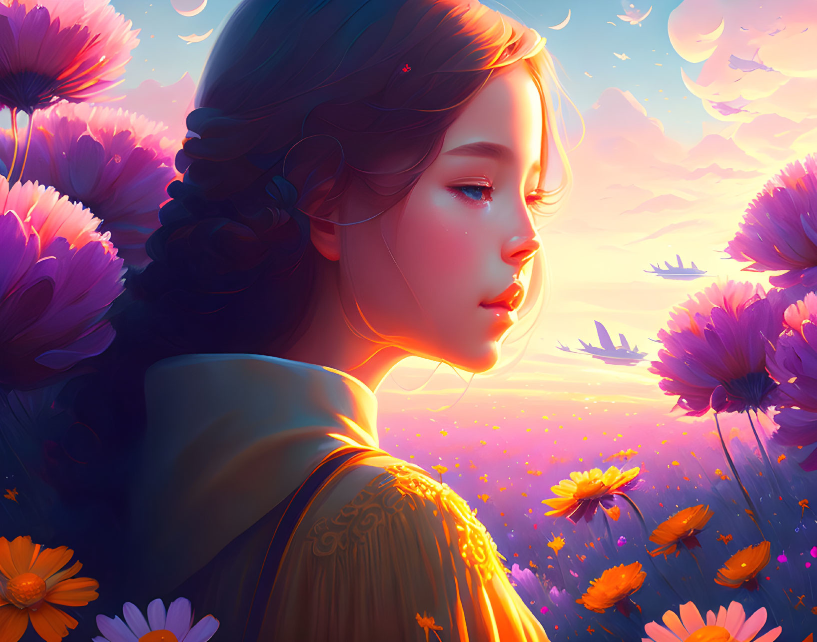 Illustrated portrait of young girl with sunset-lit flowers and sky - serene and dreamy vibe