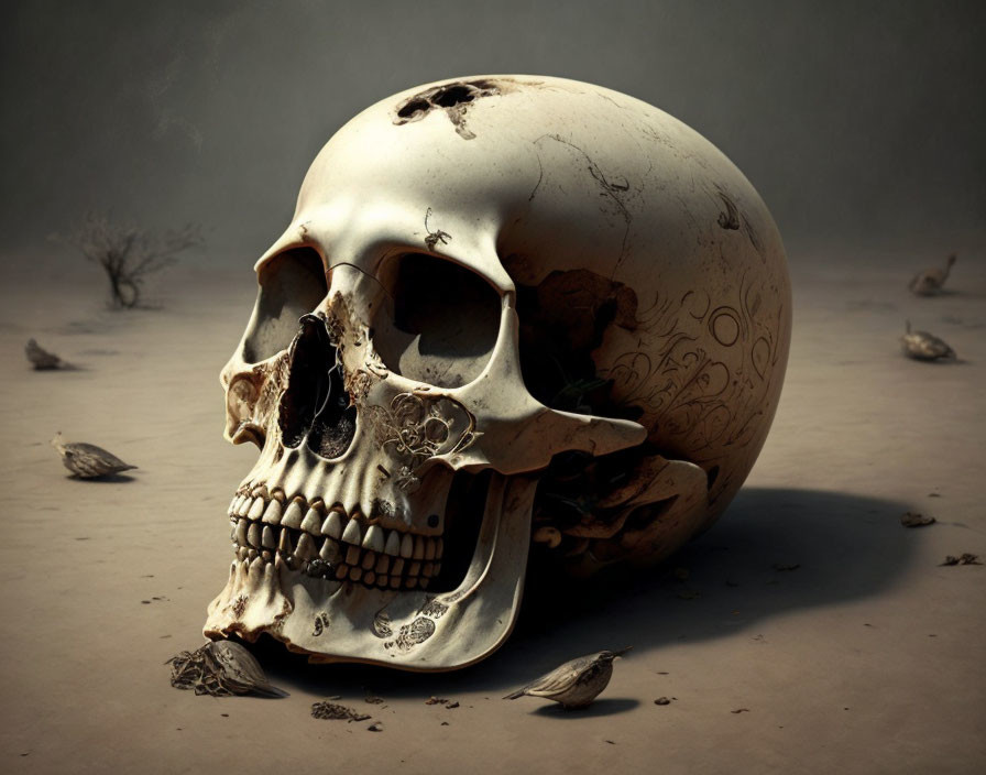 Weathered human skull with intricate engravings on dusty ground