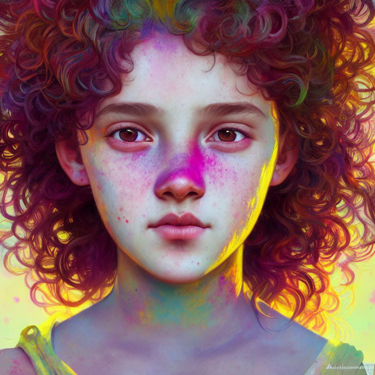 Young person with curly red hair and freckles portrait on colorful background