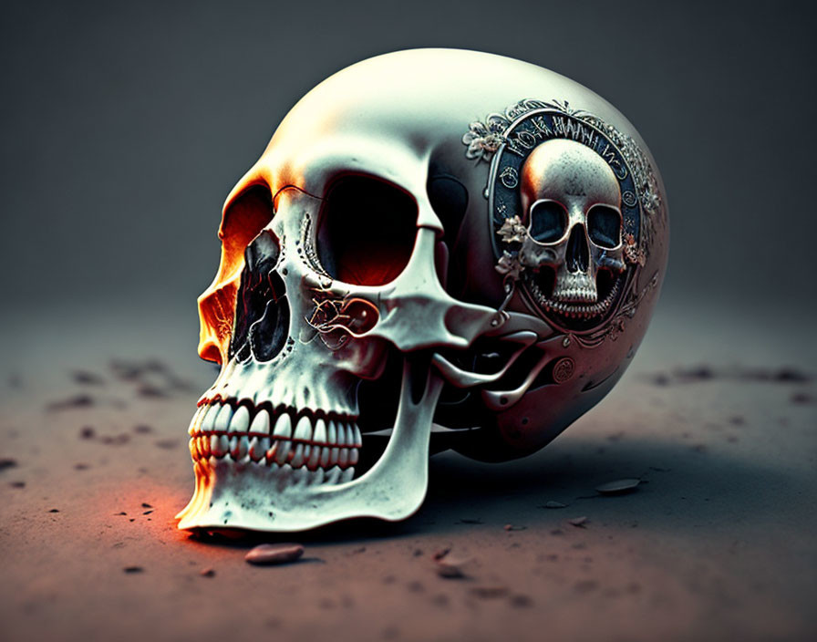 Detailed 3D human skull illustration with ornate designs and smaller engraved skull on side