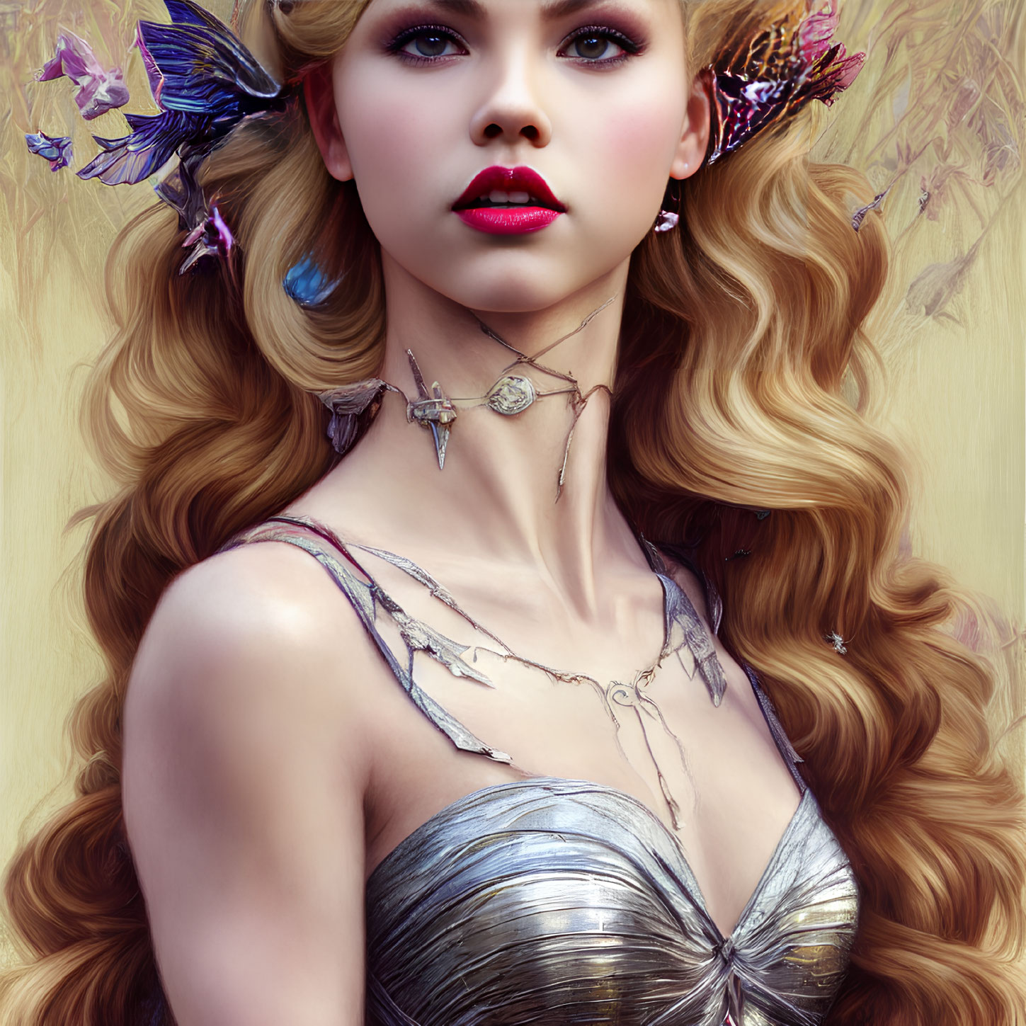 Digital Artwork: Woman with Golden Hair, Butterflies, Silver Dress & Fantasy Jewelry
