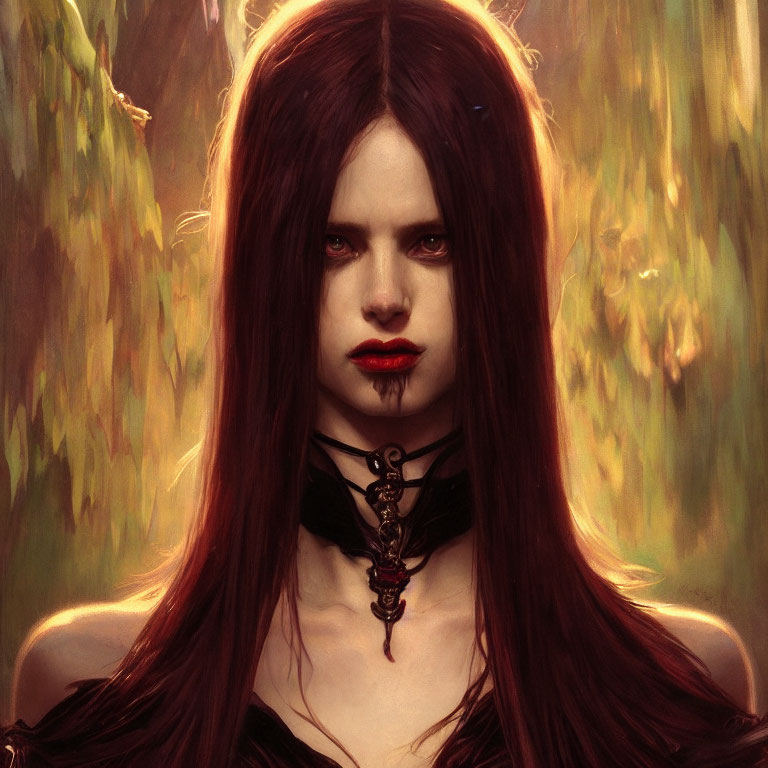 Vibrant digital portrait of a woman with long red hair and dark lipstick