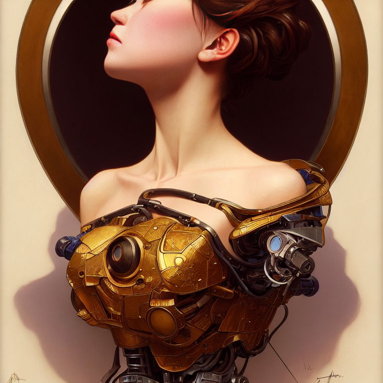 Female side profile with elegant neck and robotic body on golden backdrop