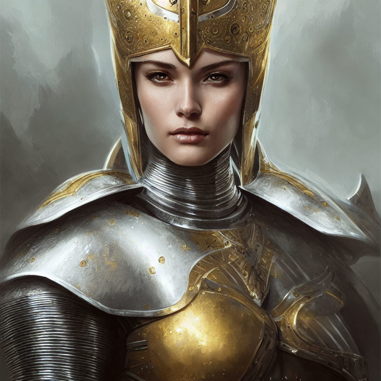 Detailed portrait of female knight in silver and gold armor against neutral background