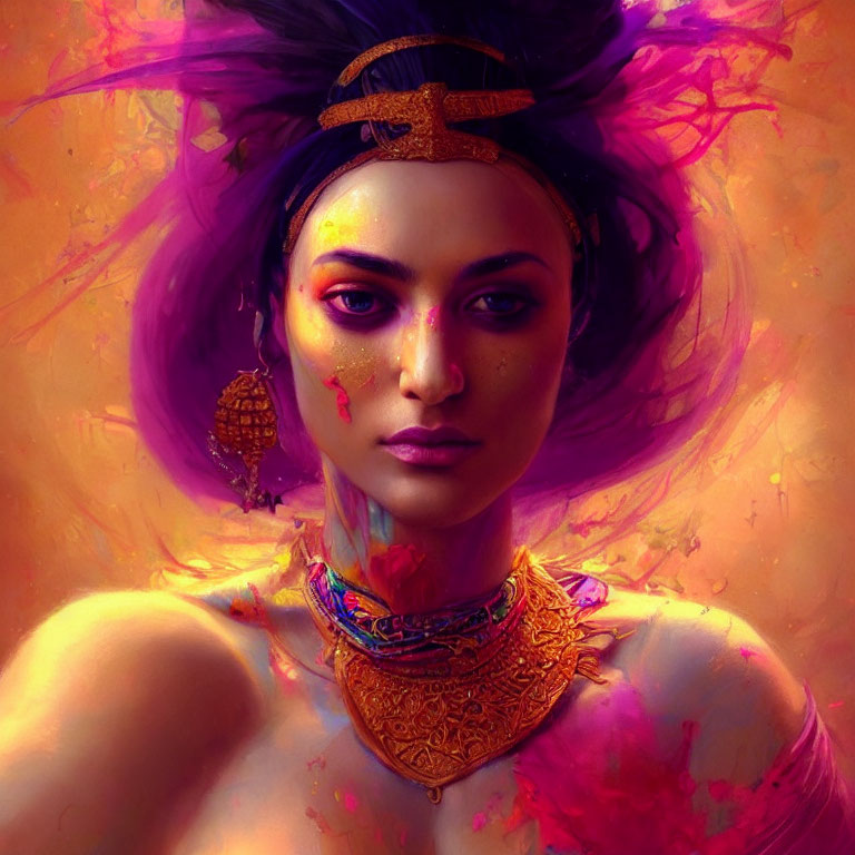 Portrait of a person with purple and gold tones, headband, necklace, and intense gaze in dynamic