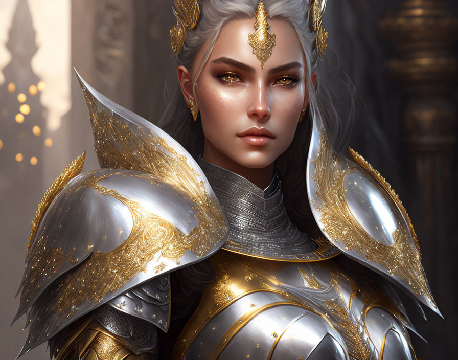 Regal Warrior in Ornate Golden Armor and Headpiece