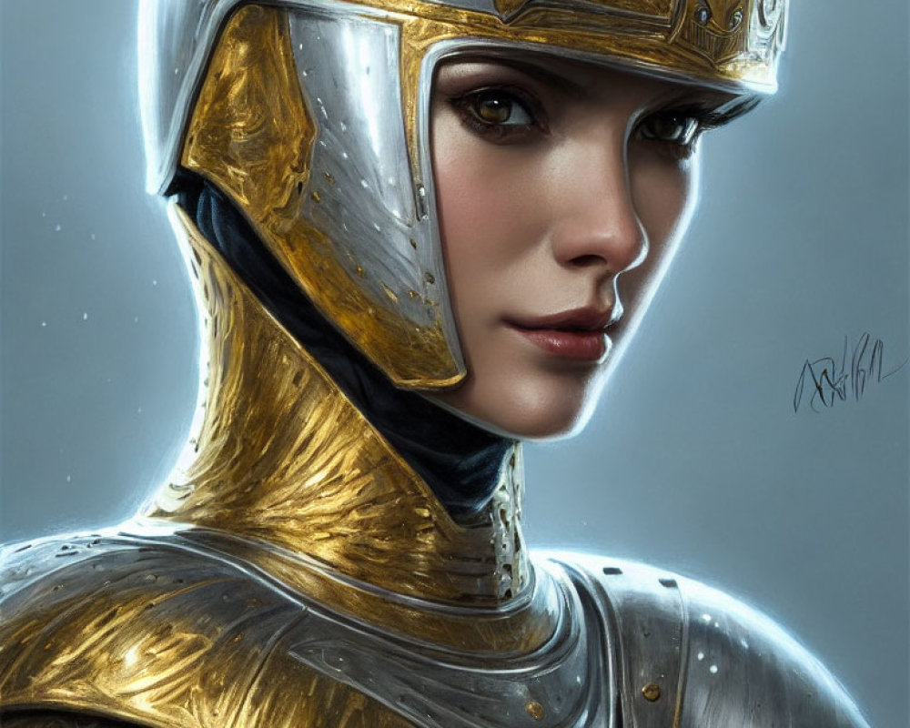 Detailed Close-Up Portrait of Woman in Medieval-Inspired Helmet