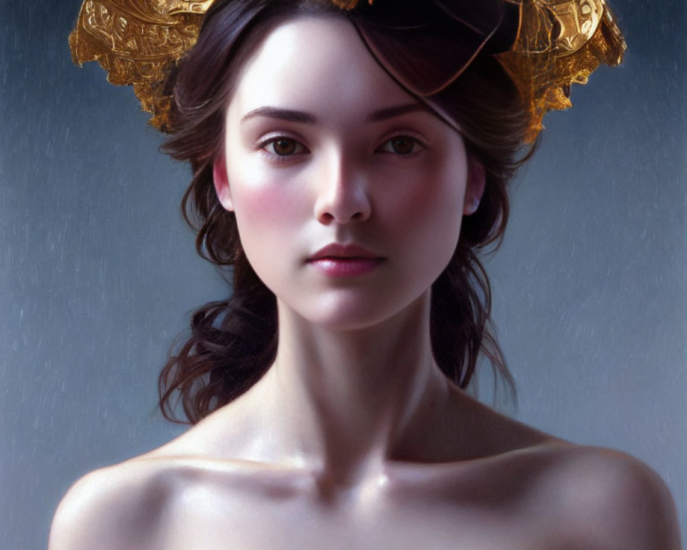 Digital portrait of woman with dark hair and golden headdress