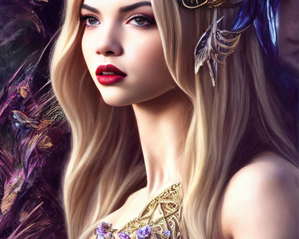 Blonde woman in golden armor with purple accents