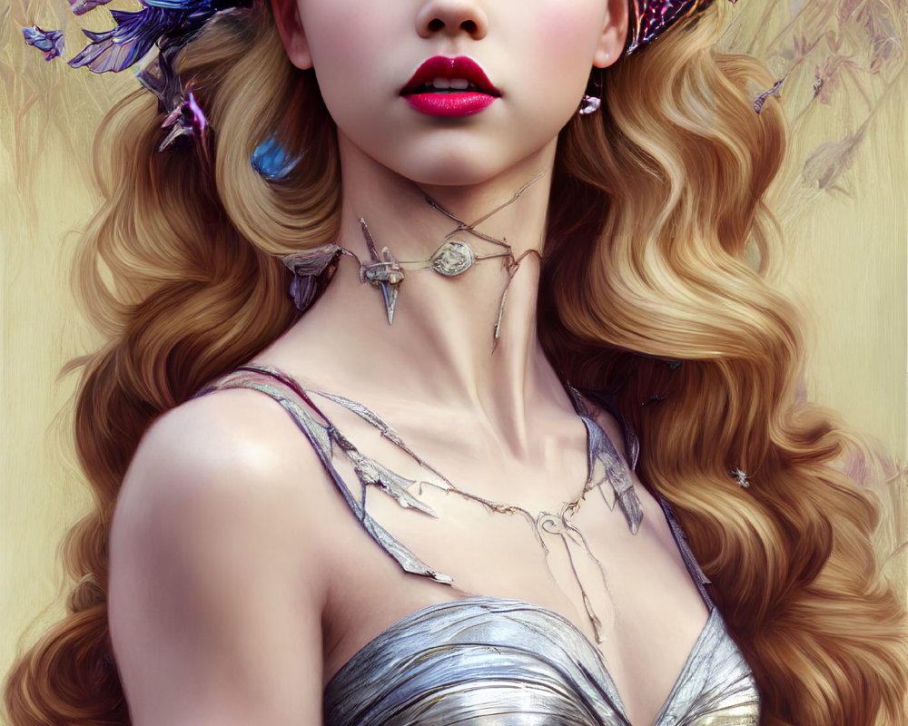 Digital Artwork: Woman with Golden Hair, Butterflies, Silver Dress & Fantasy Jewelry