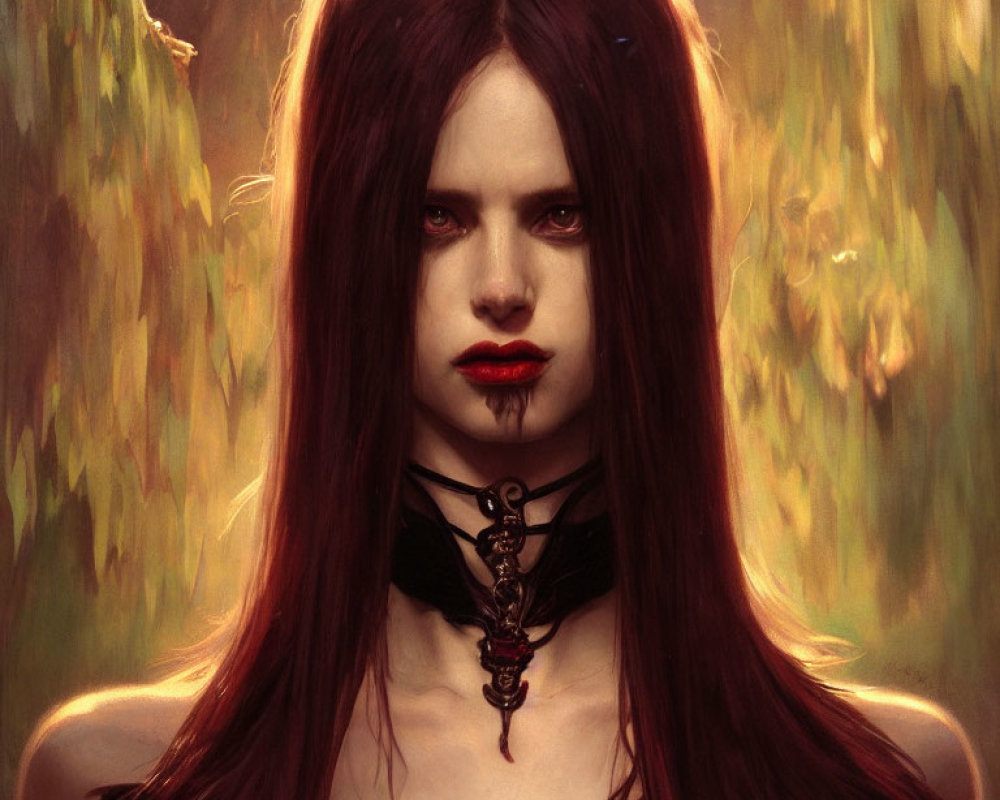 Vibrant digital portrait of a woman with long red hair and dark lipstick