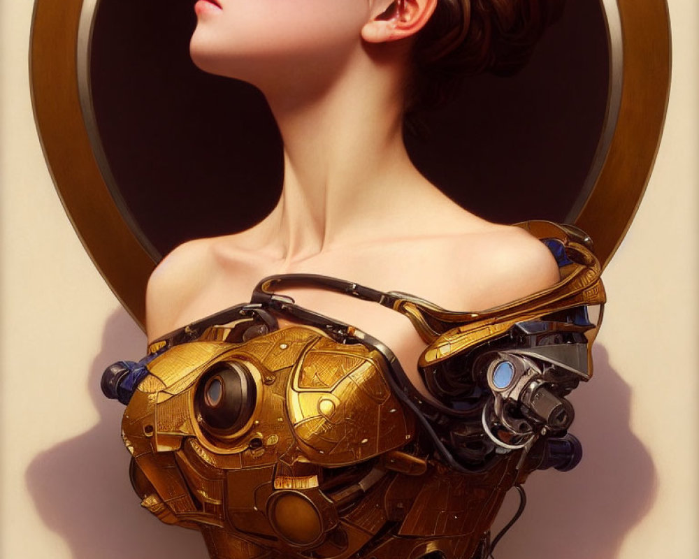 Female side profile with elegant neck and robotic body on golden backdrop