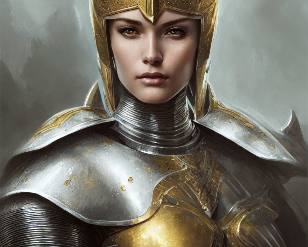 Detailed portrait of female knight in silver and gold armor against neutral background