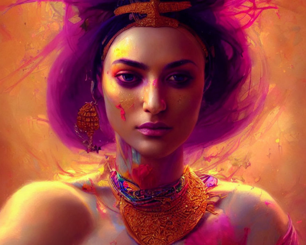 Portrait of a person with purple and gold tones, headband, necklace, and intense gaze in dynamic