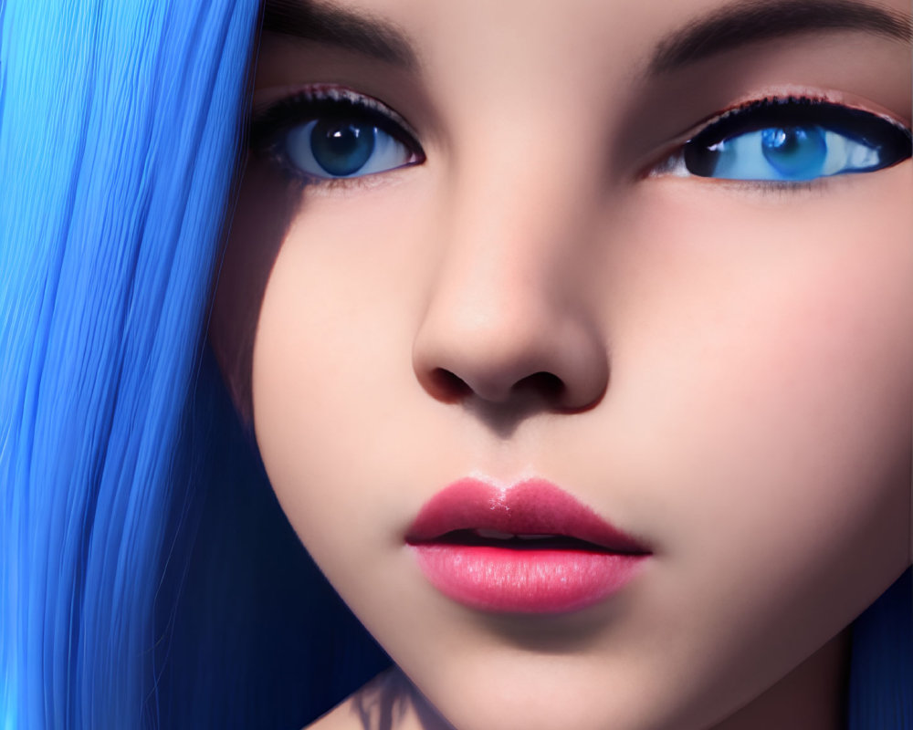 3D-rendered female character with blue hair and pink lips