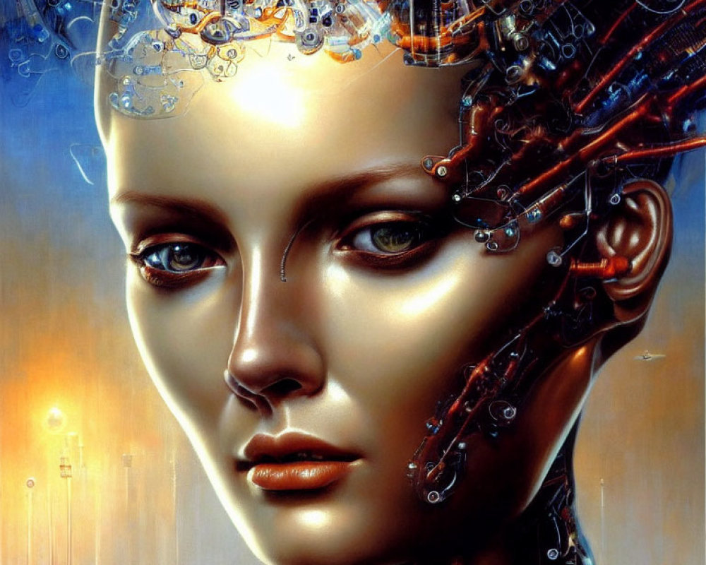 Detailed Close-Up of Female Android's Mechanical Head Against Glowing Backdrop