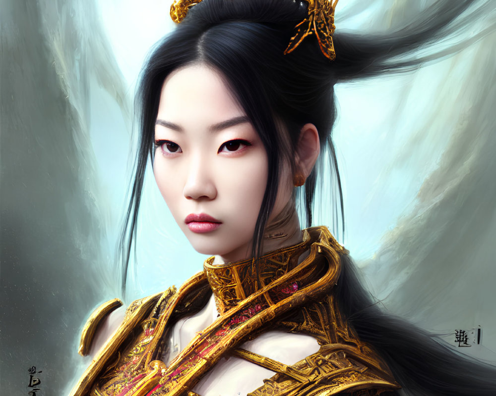 Regal Woman in Golden Crown and Armor with Flowing Black Hair