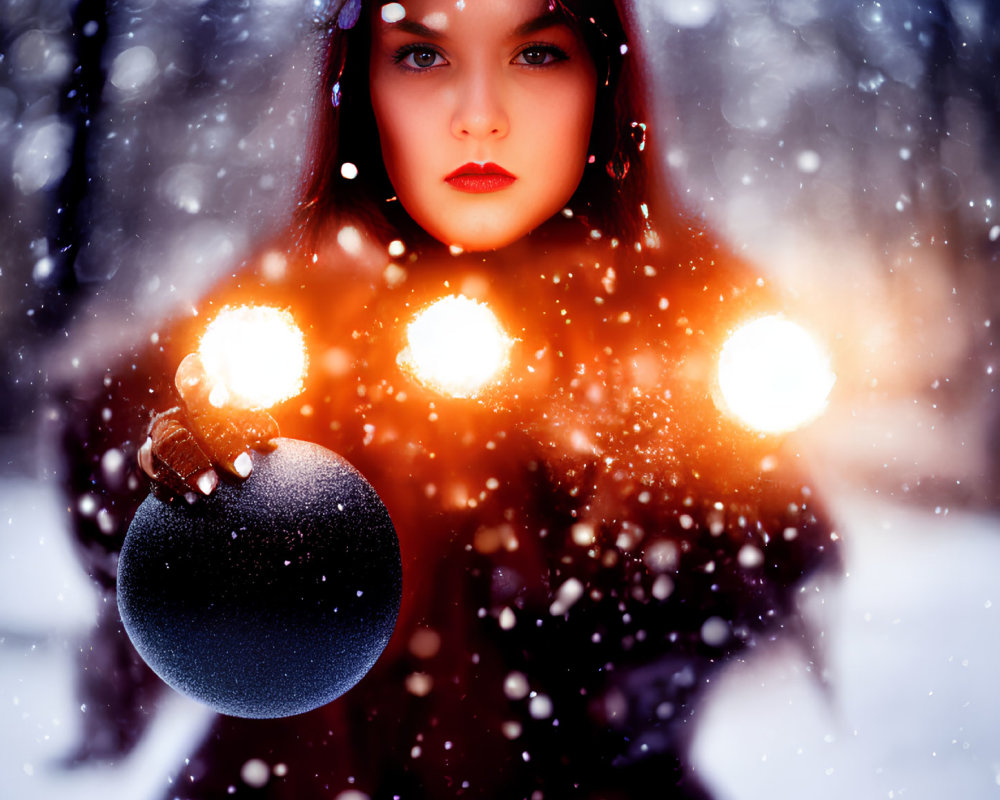 Woman holding illuminated orb in winter setting with enchanting gaze