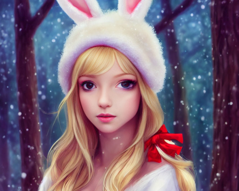 Digital illustration of blonde woman in bunny-eared hat in snowy forest