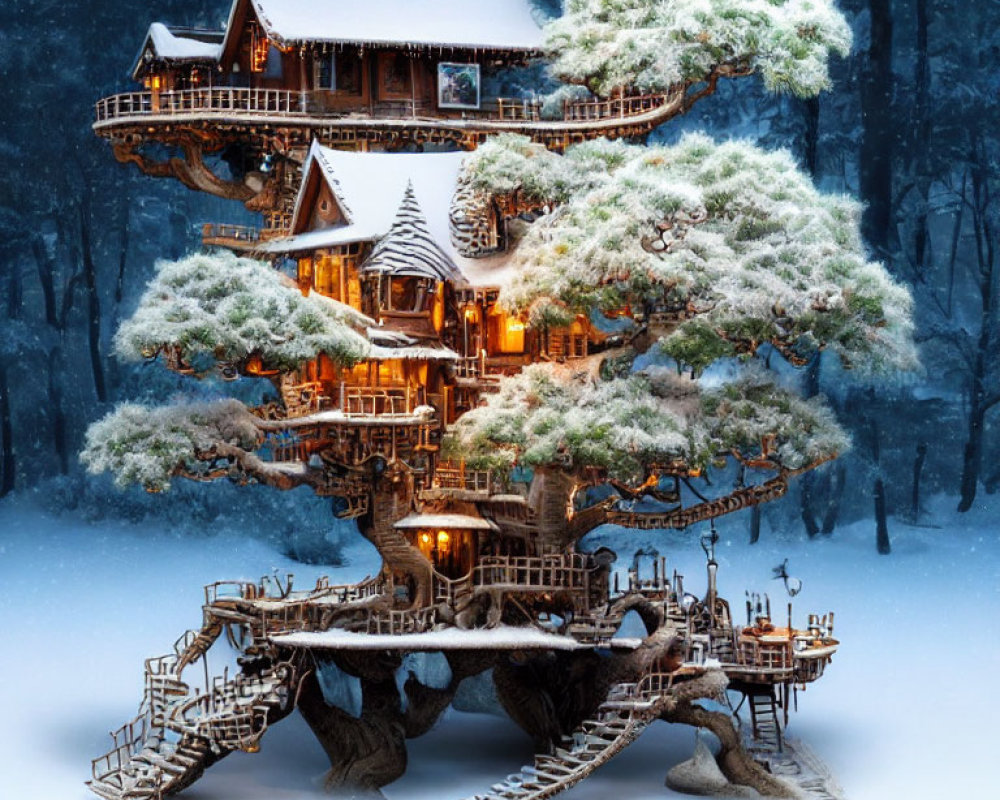 Enchanted multi-level treehouse in snowy twilight landscape