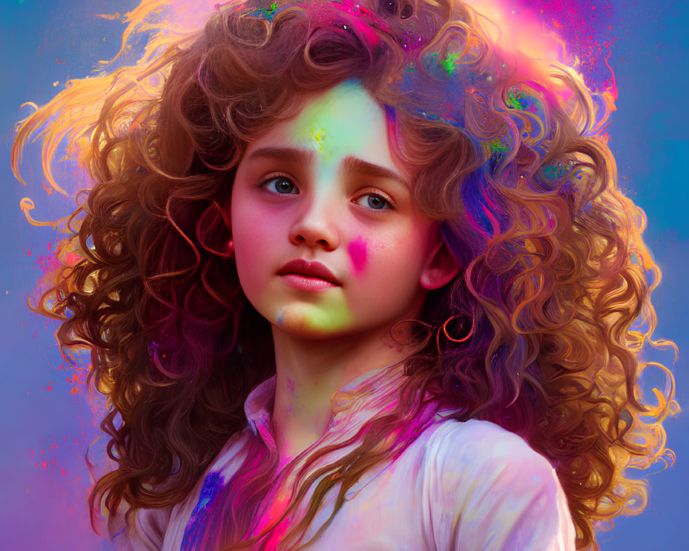 Vibrant digital portrait of young girl with curly hair and paint splashes on purple background
