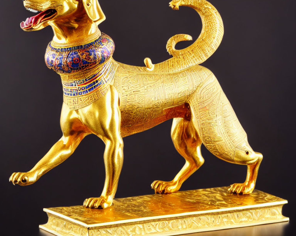 Golden Dog Statue with Intricate Patterns and Colored Details on Collar and Saddle